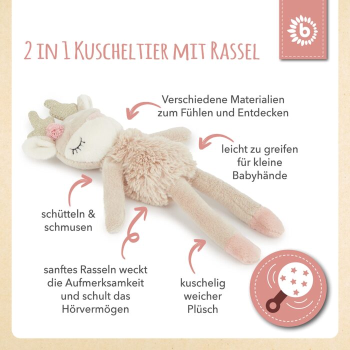 Bieco Kuscheltier Reh Ella mit Rassel | Baby Kuscheltier ab 0 Monate Stofftier Baby Plüschtier Re – Bild 6